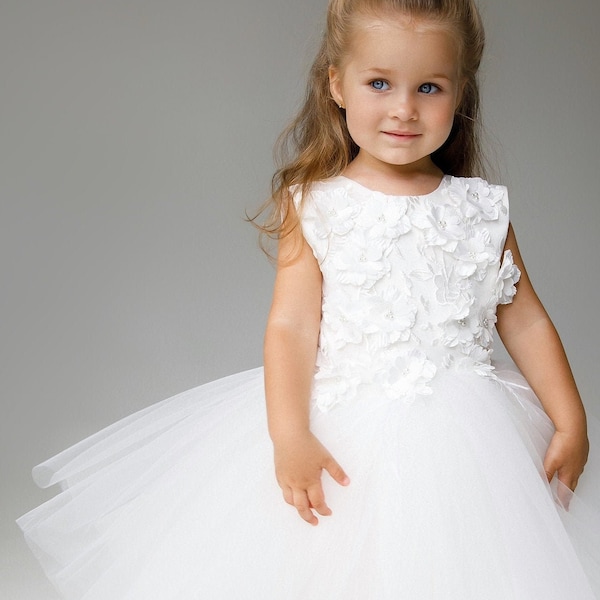 Flower girl dress, 3D dress, Birthday Dress, Baby Dress, Lace Dress with train, Tulle Dress, Wedding, princess dress