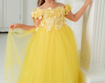 Tutu flower girl dress,Lace flower girl dress,Sleeveless flower girl dress,Lace toddler dress,YELLOW FLOWER dress,Junior bridesmaid dress