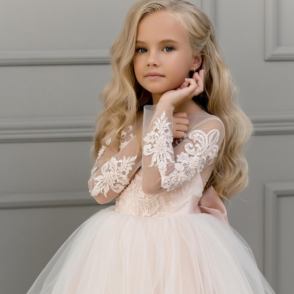 flower girl dress boho dusty rose, satin girl dress, white and dusty rose girl dress dusty rose child dress lace tulle toddler