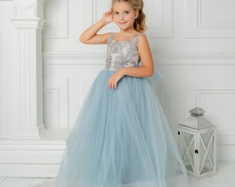 Princess flower girl dress,Lace dress,Flower girl dresses,Satin Dress, Tutu girl Dress, bridesmaid dress, blue dress