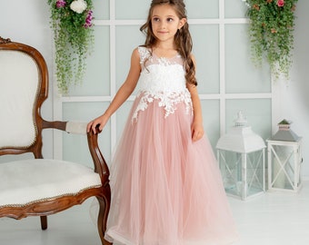 Tutu girl dress,Tulle flower girl dress,Flower girls dress,Princess flower girl dress,Lace tulle dress,Birthday dress,Ivory dress, wedding