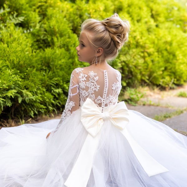 Robe de demoiselle d'honneur en dentelle, robe de demoiselle d'honneur à manches longues, robe de bébé en tulle, robe de demoiselle d'honneur tutu, robe de demoiselle d'honneur junior, robe de premier anniversaire