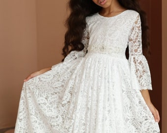 Flower Girls Dress, Baptism Dress, White Flower Girl Dress, First Communion Dress,Ivory Dress, white lace dress