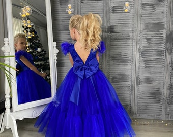 vestido de fiesta para niñas, vestido azul eléctrico, vestido de sesión de fotos, vestido de niña de flores de tul, vestido de tutú de cumpleaños vestido de princesa vestido azul para niñas