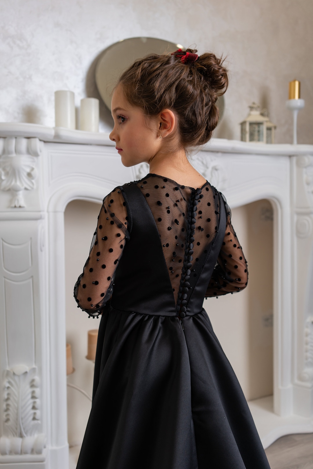 Black Satin Flower Girl Dress, Sparkly Black Dress Little Girl, Baby