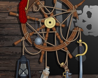 Pirate Ship Wheel Print, Nautical Art Poster