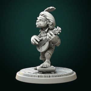 May include: A grey figurine of a fantasy character playing a lute. The character wears a hat with a feather, a ruffled shirt, and shorts. The figurine stands on a small wooden platform.
