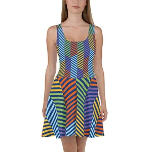 Rainbow Colors Abstract Design Sleeveless Skater Dress, Gift for her, birthday, prom night, Multi-Colored Flare Printed Dress, Bright Print