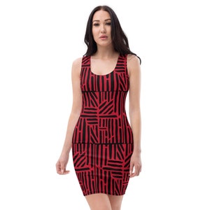 Black and Red Abstract Brick Pattern Comfortable Fitted Short Sleeveless Dress, Gift for her, birthday, abstract printed work wear