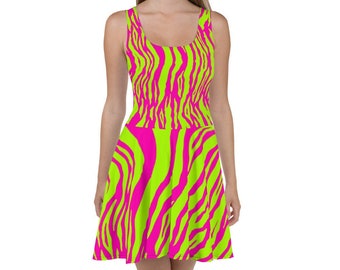 Striped Neon green and bright pink full print sleeveless skater dress, Gift for her, hen party, bright striped flare dress