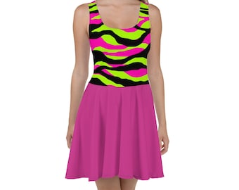 Neon Striped Skater Dress: Bright Pink Flare Party Dress