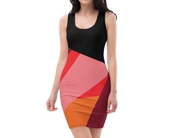 Peut inclure: Une robe sans manches à motif géométrique noir, rouge, rose, orange et bordeaux.