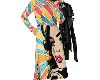 Midi-jurk in pop-artstijl Andy Warhol | Kleurrijke grafische jurk | Gedurfde mode