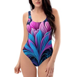 Floral Pop Up One-Piece Swimsuit, Gift for Her, Birthday Gift, Blue and Pink Flower Design Summer Swim Wear