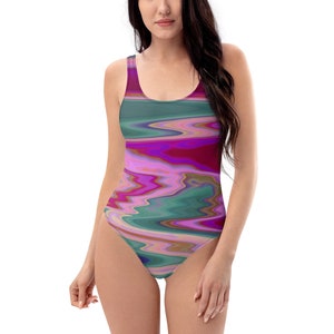 Multi-Colored Ikat-like Design One-Piece Swimsuit, Gift for Her, Birthday Gift, Purple and Pink Abstract Design Swim Wear