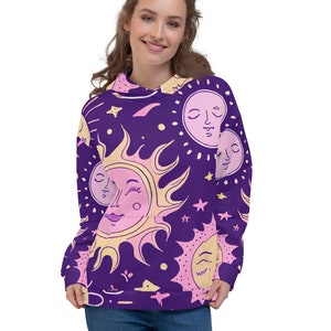 Celestial Sun All Over Print Unisex Hoodie, Bohemian Gift, Celestial Art Boho Hoodie