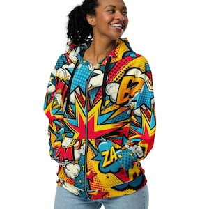 Pop Art Custom Made Zip Hoodie, Retro Gift, Comic Book Winter Wear Designer Hoodie.