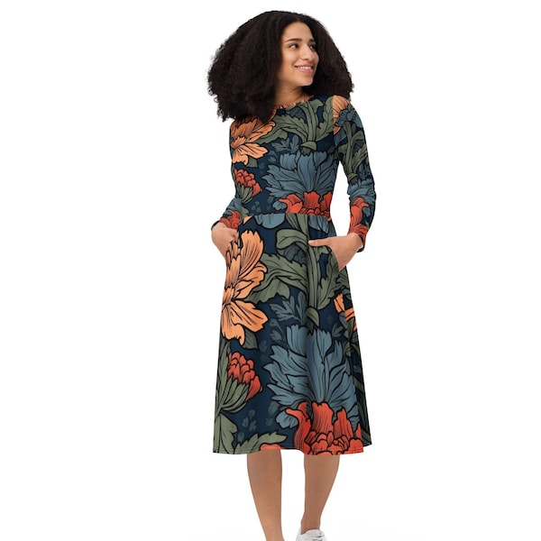 William Morris Design Long Sleeve Midi Dress, Gift for Her, Floral Print Winter Wear Designer Dress