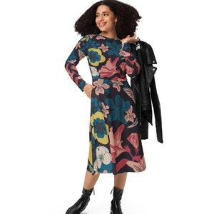 Floral Design Custom Made Long Sleeve Midi Dress, Gift for Her, Flower Print Winter Dress in Bold Colors.