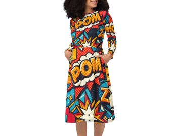 Comics Printed Dress, Comic Book Dress, Full Sleeves Dress With Pockets,  Cute Colorful Modest Summer Dress, Comics Lover Gifts for Her - Etsy