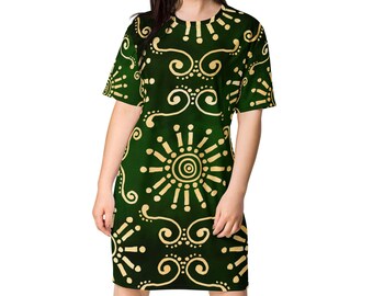 Gold and Green Batik Print T-shirt Dress, Gift for Her, Bachelorette Dress, Ethnic Design Loose Fit Casual Dress