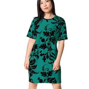Floral Print T Shirt Dress, Gift for Her, Birthday Gift, Emerald Green Designer Dress