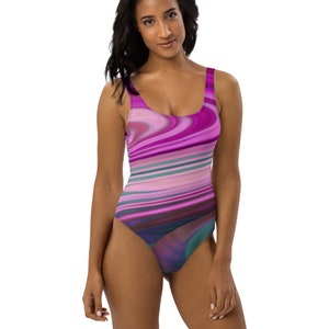 Multi-Colored Abstract Design One-Piece Swimsuit, Gift for Her, Birthday Gift, Purple and Green Designer Summer Swim Wear
