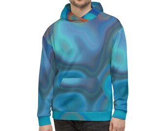 Felpa con cappuccio unisex con motivo astratto color verde acqua: pullover in pile di design