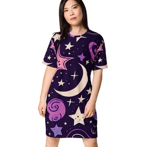 Celestial Design Comfortable Fit T-Shirt Dress, Gift for Her, Star and Moon Cosmic Art Loose Fit Summer Dress