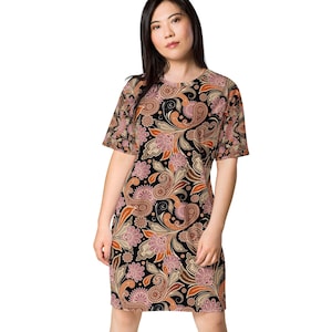 Batik Floral Print Comfortable Designer T Shirt Dress, Gift for Her, Birthday Gift, Flower Design Casual Comfortable Plus Size Dress