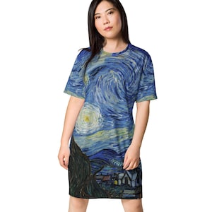 Starry Night Comfortable Designer T Shirt Dress, Gift for Her, Birthday Gift, Vincent Van Gogh Print Casual Comfortable Plus Size Dress