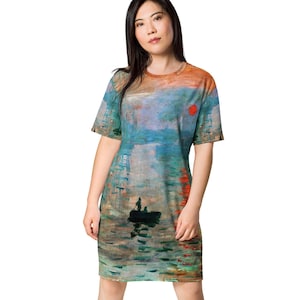 Impression Sunrise Comfortable Designer T Shirt Dress, Gift for Her, Birthday Gift, Claude Monet Print Casual Comfortable Plus Size Dress