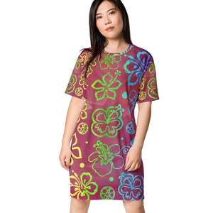 Floral Print Designer T Shirt Dress, Gift for Her, Birthday Gift, Casual Plus Size Dress, Maroon Summer Dress