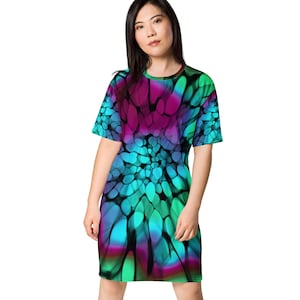 Tie Dye Designer T Shirt Dress, Gift for Her, Birthday Gift, Multi Color Summer Dress, Plus Size Casual Dress