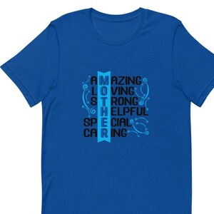 Mother Acronym Bella Canvas Unisex Blue Cotton T-Shirt for mum, gift for women, short sleeve crew neck mothers day premium graphic T shirt