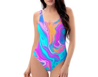 Bright Abstract Design Premium One-Piece Swimsuit, Gift for Her, Birthday Gift, Marble Print Summer Swim Wear