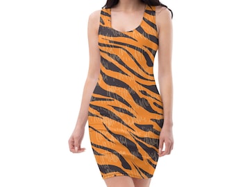 Tiger Print Fitted Dress: Sleeveless Spandex Blend, Casual Summer Wear