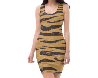 Tiger Print Fitted Dress: Sleeveless Spandex Blend, Casual Party Wear