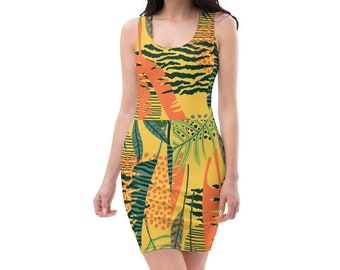 Botanical Design Comfortable Fitted Short Sleeveless Dress, Gift for her, birthday, Yellow and orange nature design short dress