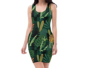 Botanical Design Comfortable Fitted Short Sleeveless Dress, Gift for her, birthday, green nature design short dress
