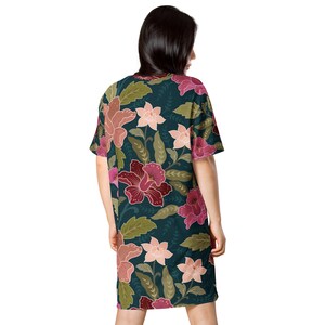 Floral Batik Designer T Shirt Dress, Gift for Her, Birthday Gift, Flower Design Loose Fit Plus Size Dress