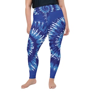 Blue Tie Dye All-Over Print Plus Size Leggings, Gift for Her, Birthday Gift, Blue Plus Size Tights, Plus Size Winter Leggings