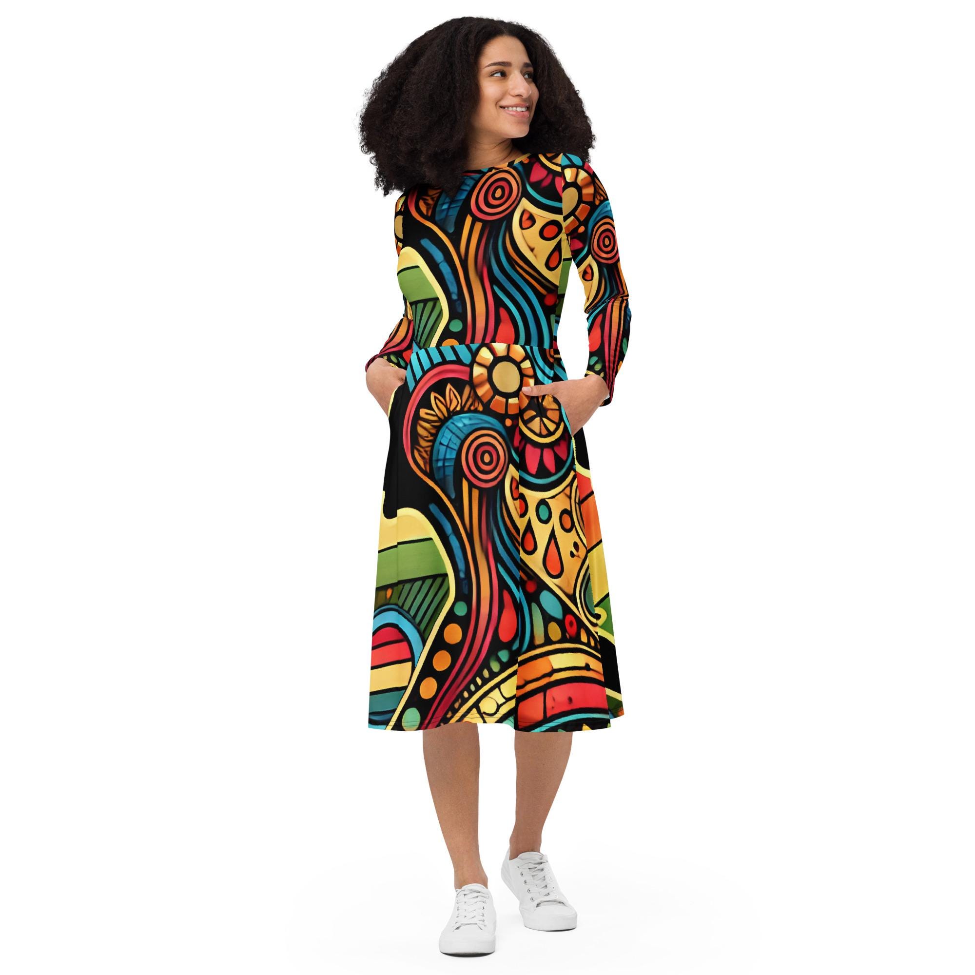 chinese dress ladies Abstract Geometric Printed A-Line Midi Dress & with a Belt- Yellow – FASHOR main image 0