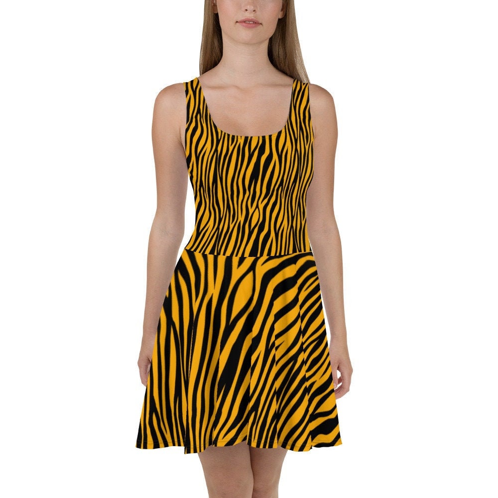 Tiger Stripes Full Print Sleeveless Skater Dress, Gift for