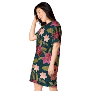 Floral Batik Designer T Shirt Dress, Gift for Her, Birthday Gift, Flower Design Loose Fit Plus Size Dress