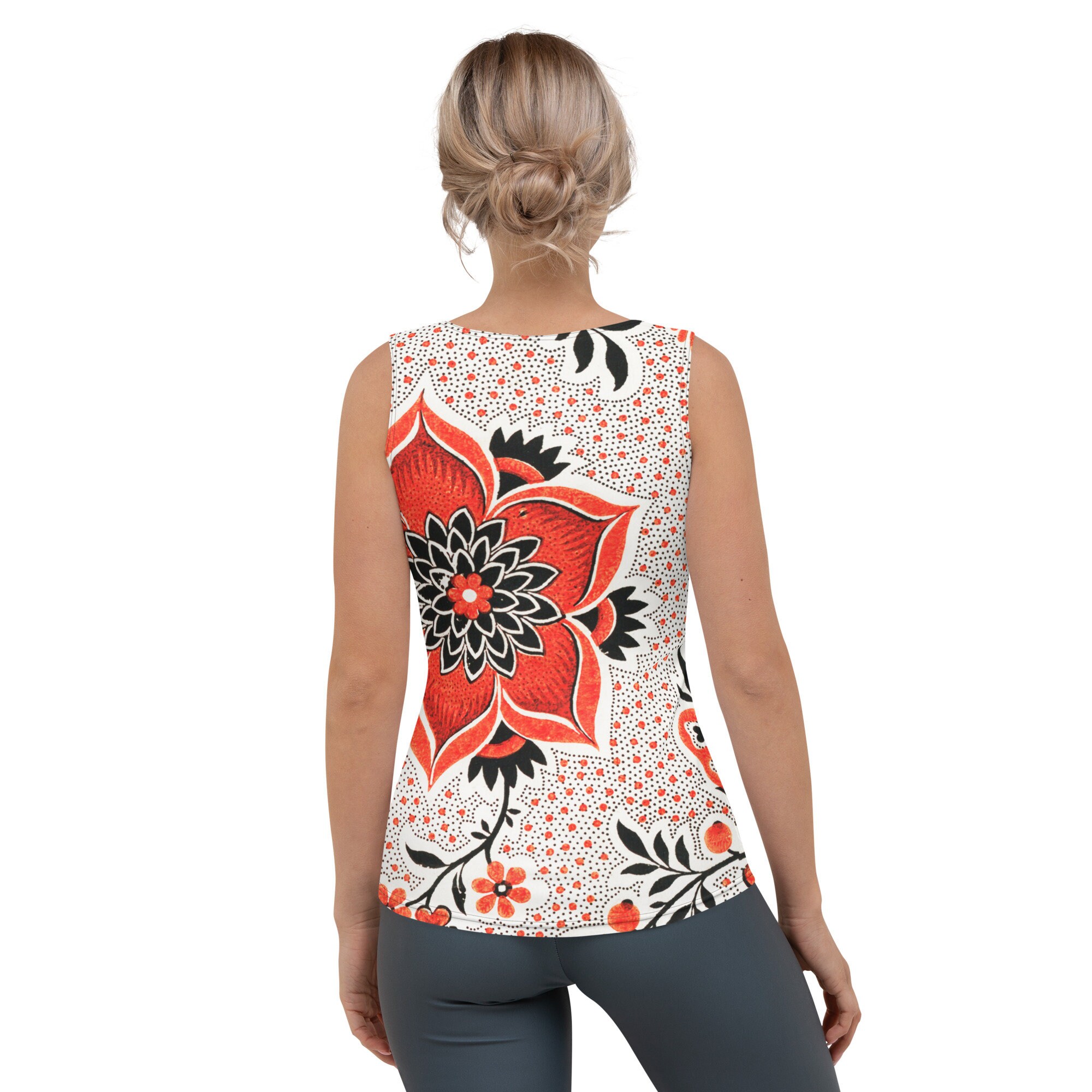 花柄タンクトップ：オレンジフラワーデザイン、夏用スポーツウェア