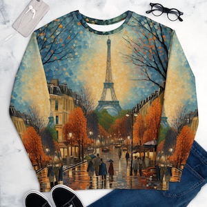 Paris Scene Wearable Art Unisex Sweater, Francophile Gift, Parisian Cityscape Designer Sweatshirt