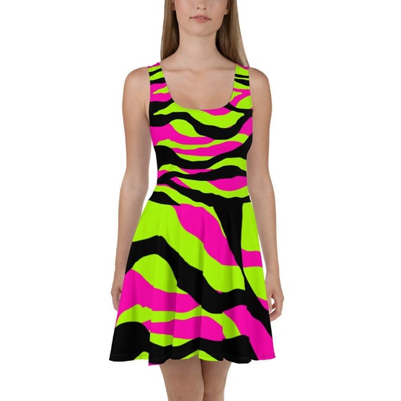 Neon Striped Skater Dress: Sleeveless Flare Party Dress