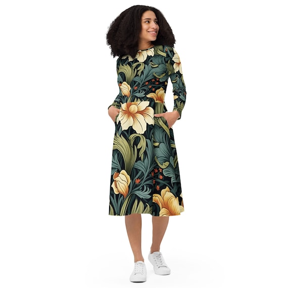 William Morris Floral Midi Dress: Long Sleeve Winter Designer Dress