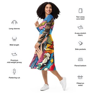 May include: A midi-length dress with long sleeves, featuring a vibrant comic book-style print. The dress has a flared bottom and a fitted waist. The design includes the word "BOM!" and is made of premium mid-weight jersey fabric.